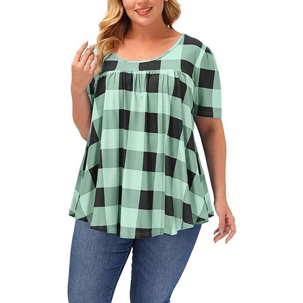 Summer Women's Short Sleeve Blouse Round Neck Loose Plaid Printed Shirt Top