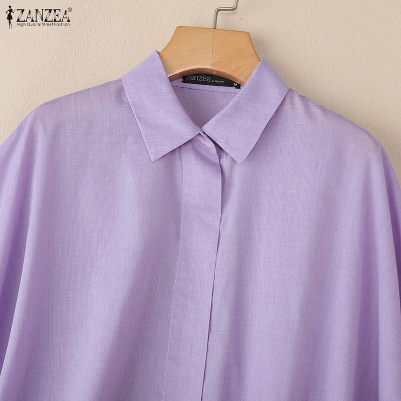 ZANZEA Women Casual Loose Lapel Collar 3/4 Batwing Sleeve Buttons Up Blouse