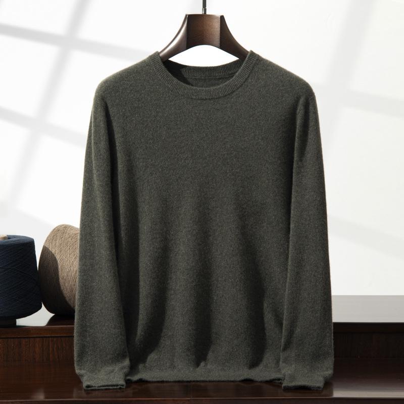 2025 new cashmere shirt men's round neck solid color pullover sweater with knitting inside