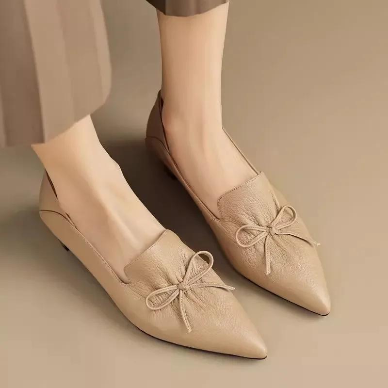 Nieuwe Lente Echt Leer Dames Schoenen Frans Retro Puntige Neus Dames Pumps Strik Loafers Schoenen voor Dames Lage Hak Dames Schoenen