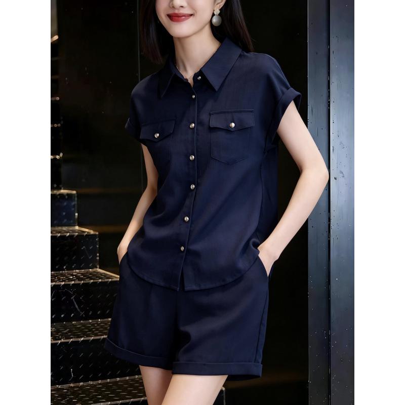 

Women s Elegant Slim-Fit Shirt & Loose Shorts Set – 2026 Summer Fashion Two-Piece Outfit XL темно-синий