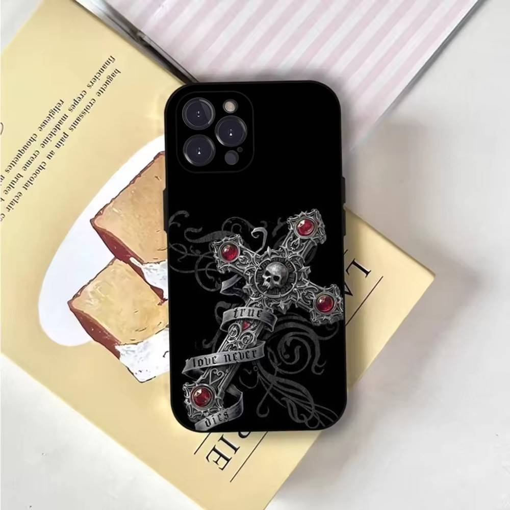 Gothic Cross Skull Y2K Phone Case For iPhone 6,17,16,15,14,13,12,11 Plus,Pro Max,XS,X,XR,SE,Mini,8,7,Soft Silicone Black Cover