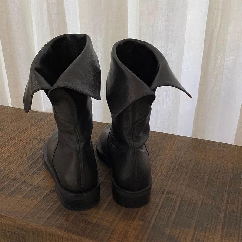 Cowhide Version~ Leather Split-ended Folded Retro Martin Boots Western Cowboy Boots Women's Platform Knight Medium Boots Short Boots