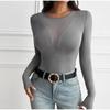 Damen Sommer Langarm Reine Farbe Skinny Tops Mesh Patchwork Durchsichtig Damenmode Sexy T-Shirt