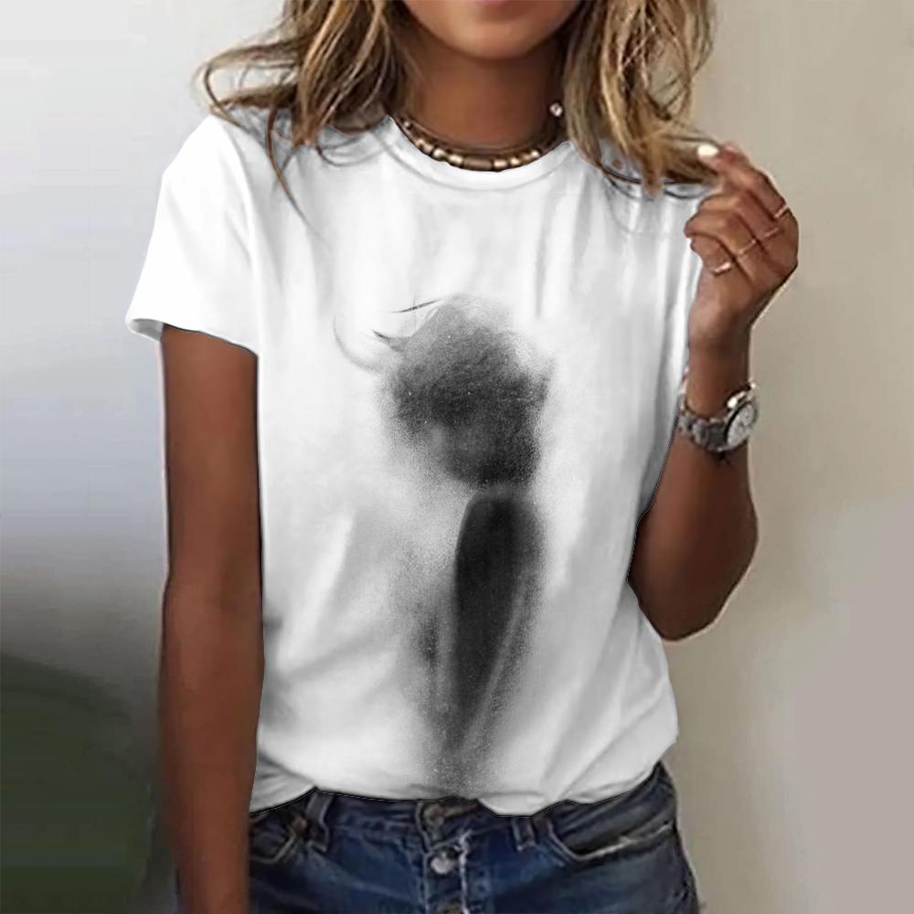 Women's T-Shirts Top Short Pullover Sleeved Art Shadow Printing Fashion Leisure Style O-Neck Harajuku Tee Shirt Female Clothing