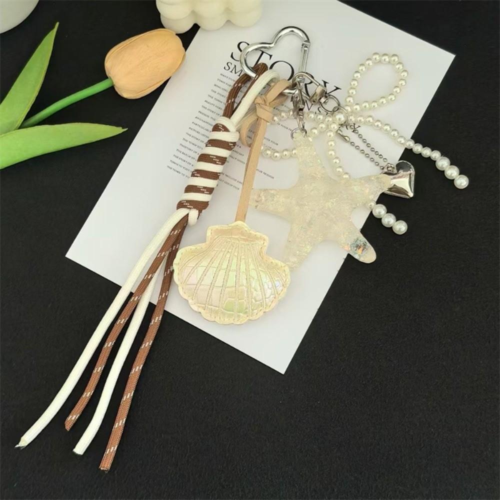 

DIY Jewelry Starfish Shell Keychain Pearl Bow Key Ring Fashion Mobile Chain Pendant Women Girls бежевий