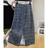 Women's Linen Blend Vintage Floral Elastic Waist Slit Long Skirt