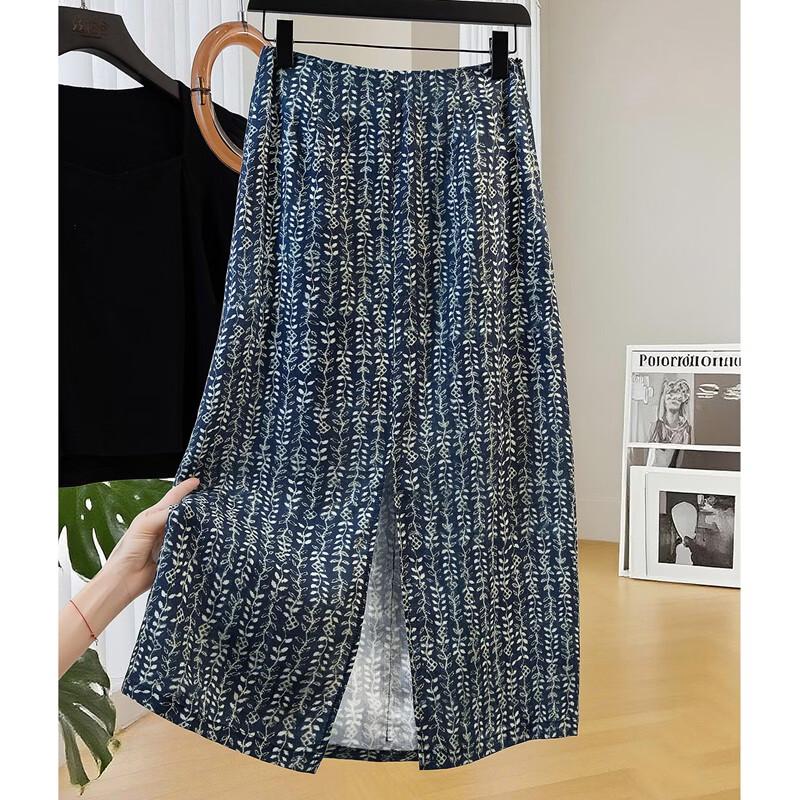 Women's Linen Blend Vintage Floral Elastic Waist Slit Long Skirt