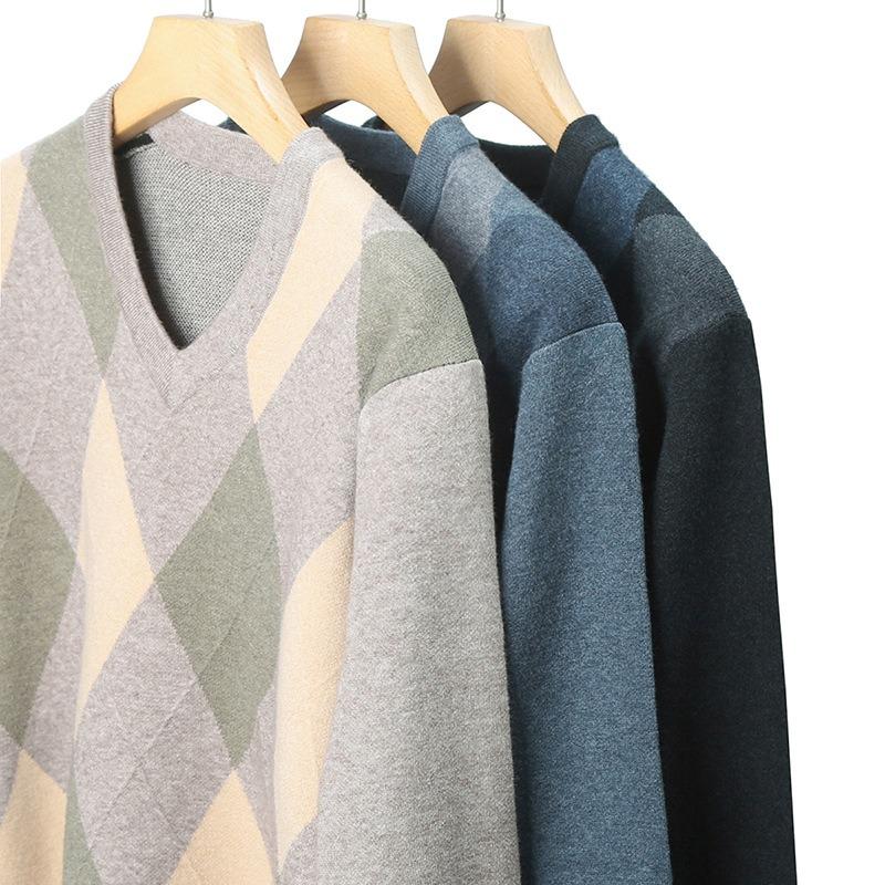 Men S V Neck Long Sleeve Knit Sweater Business Casual Diamond Pattern Pullover