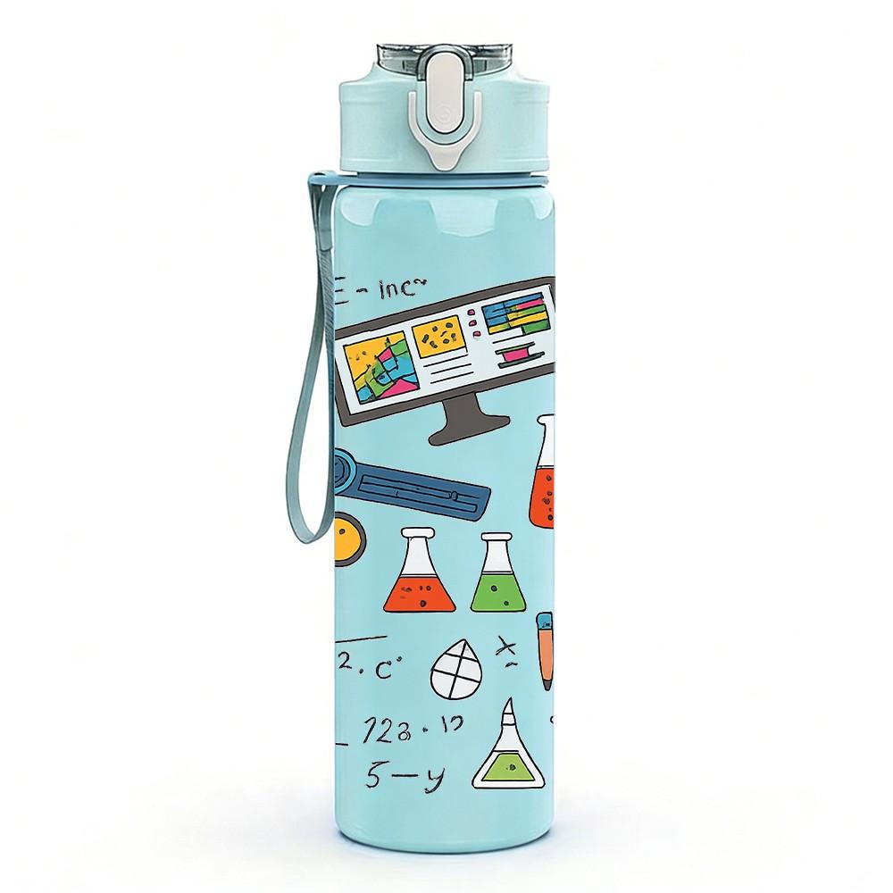 1PC Doodle Mixed Stationery Pattern Print 750ml Color Plastic Sports Water Bottle Leakproof Flip Straw Lid Suitable for Sports Office Home Use