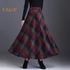 Damen Wollrock mit hoher Taille und Karomuster, A-Linien-Rock, Herbst/Winter, verdickter Rock mit großem Saum, für den Alltag