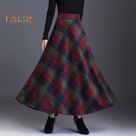 Damen Wollrock mit hoher Taille und Karomuster, A-Linien-Rock, Herbst/Winter, verdickter Rock mit großem Saum, für den Alltag