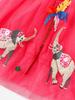 Girls' Cartoon Elephant Embroidered Striped Mesh Dress - Spring/Summer Short Sleeve