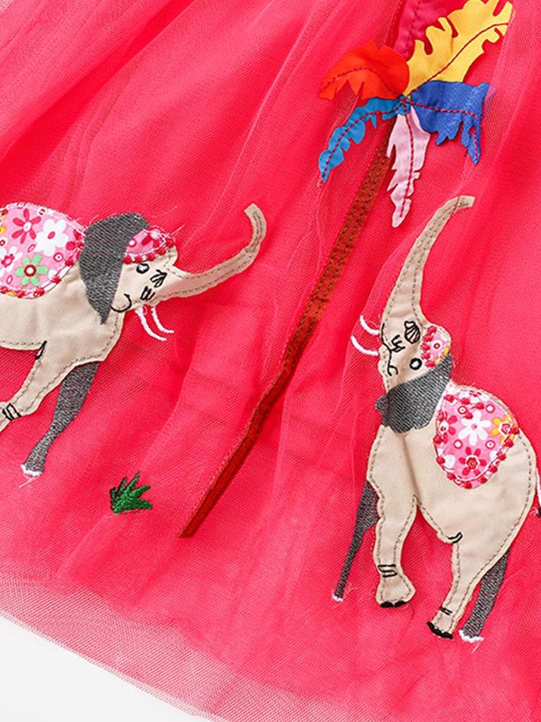 Girls' Cartoon Elephant Embroidered Striped Mesh Dress - Spring/Summer Short Sleeve