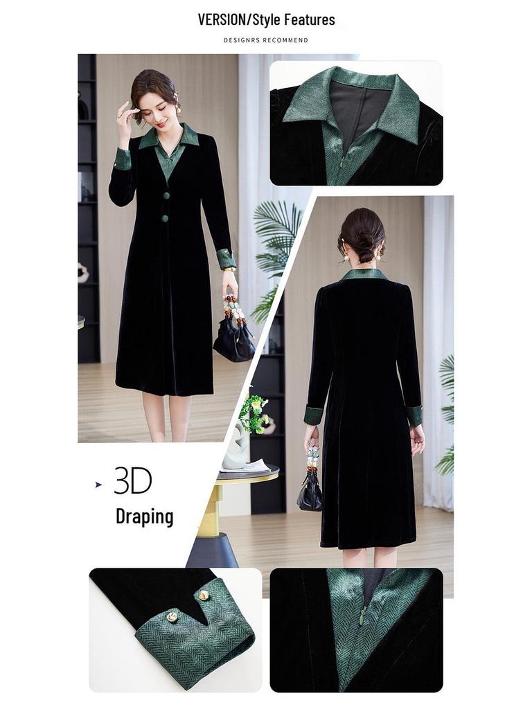 Spring V-Neck Gold Velvet Long Sleeve Dress for Middle-Aged and Elderly Women