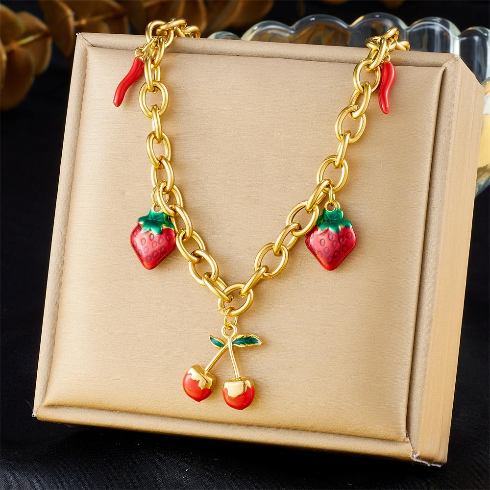 DIEYURO 316L Stainless Steell Cherry Strawberry Fruit Series Necklace For Women Lady New Fashion Neck Chain Jewelry Party Gift