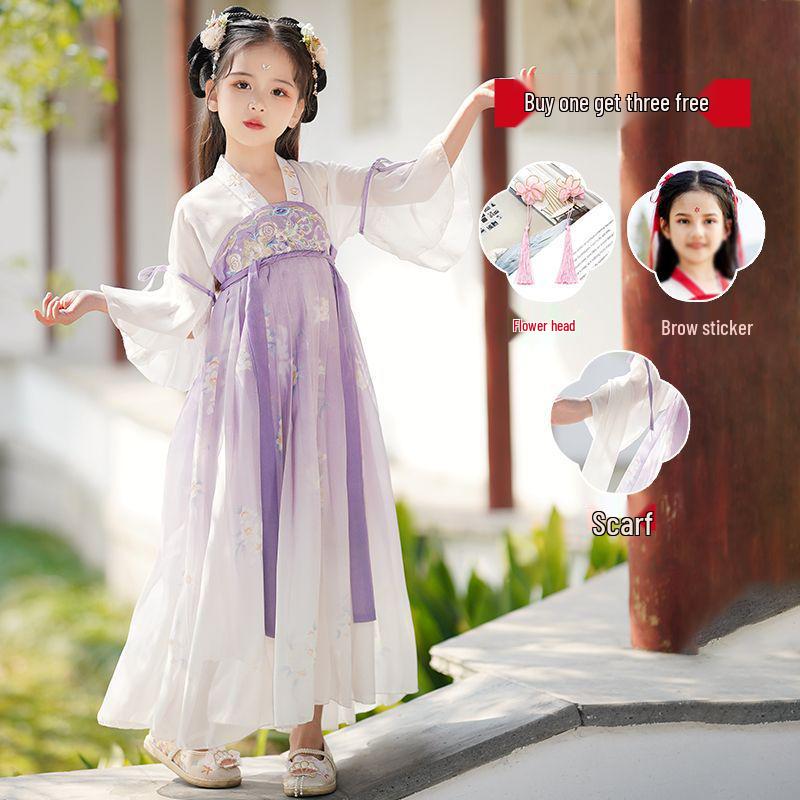 2025 Girls  Hanfu Ruqun: Spring Floral Fairy Style Ancient Chinese Costume Canglan-Short Sleeve [Pibo]