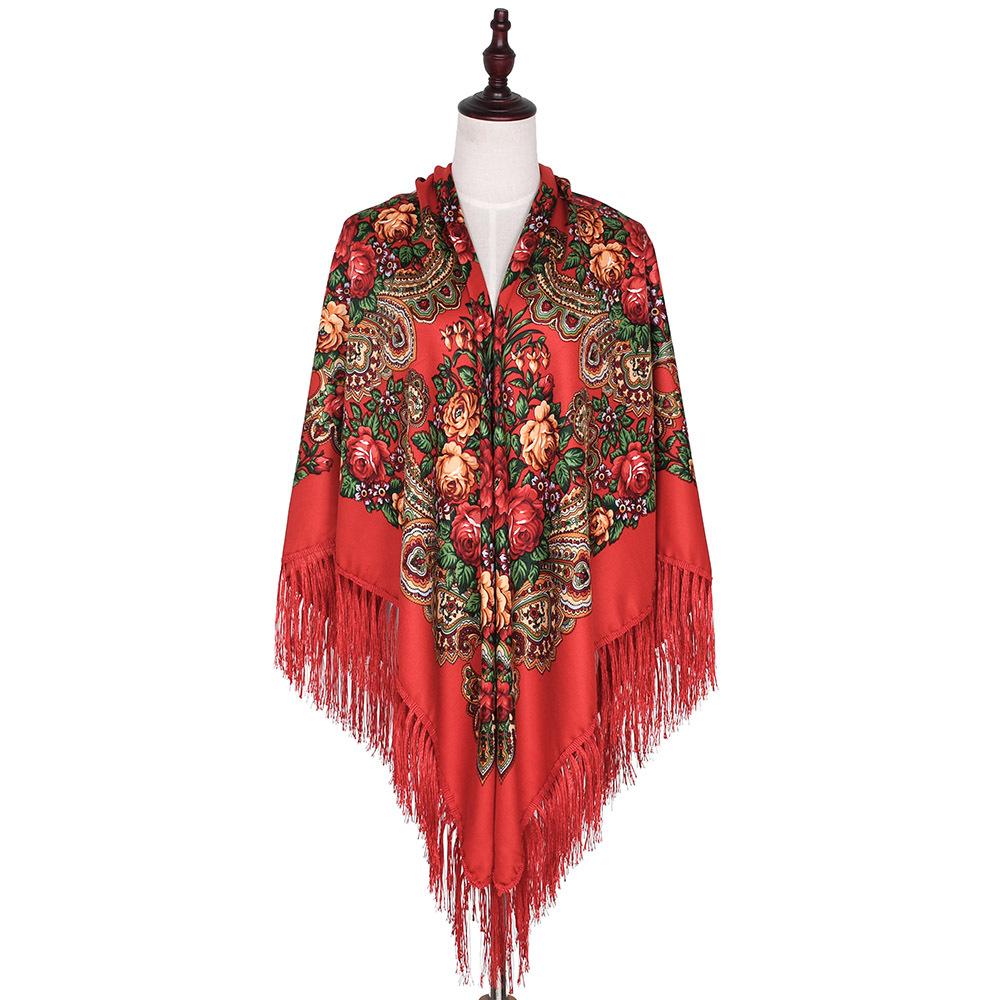 160*160Cm Women Russian National Scarf Lady Tassel Floral Print Headscarf Wraps Babushka Bandana Beach Travel Shade Shawls
