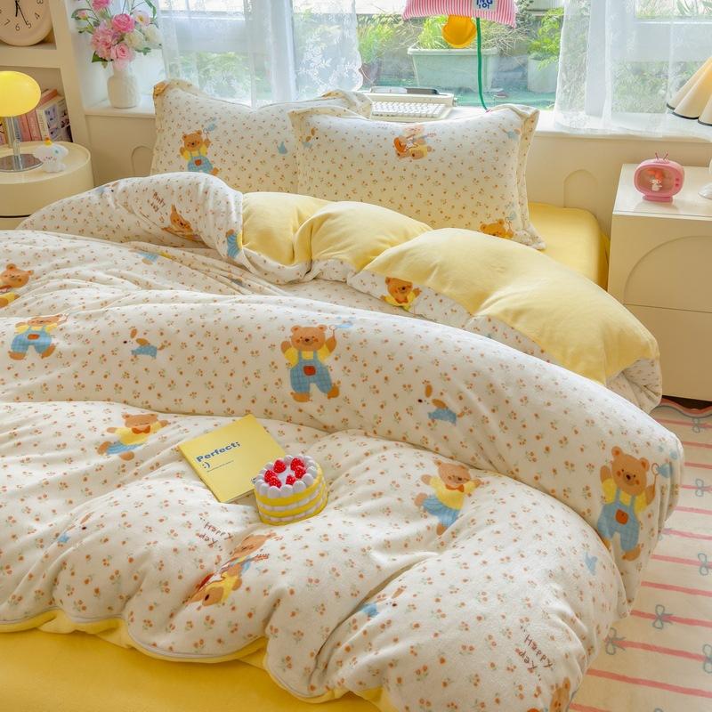 Thickened Milk Fleece Four-Piece Set, Coral Flange Double-Sided Fleece Quilt Cover, Bed Sheet, Bed Hat Three-Piece Set