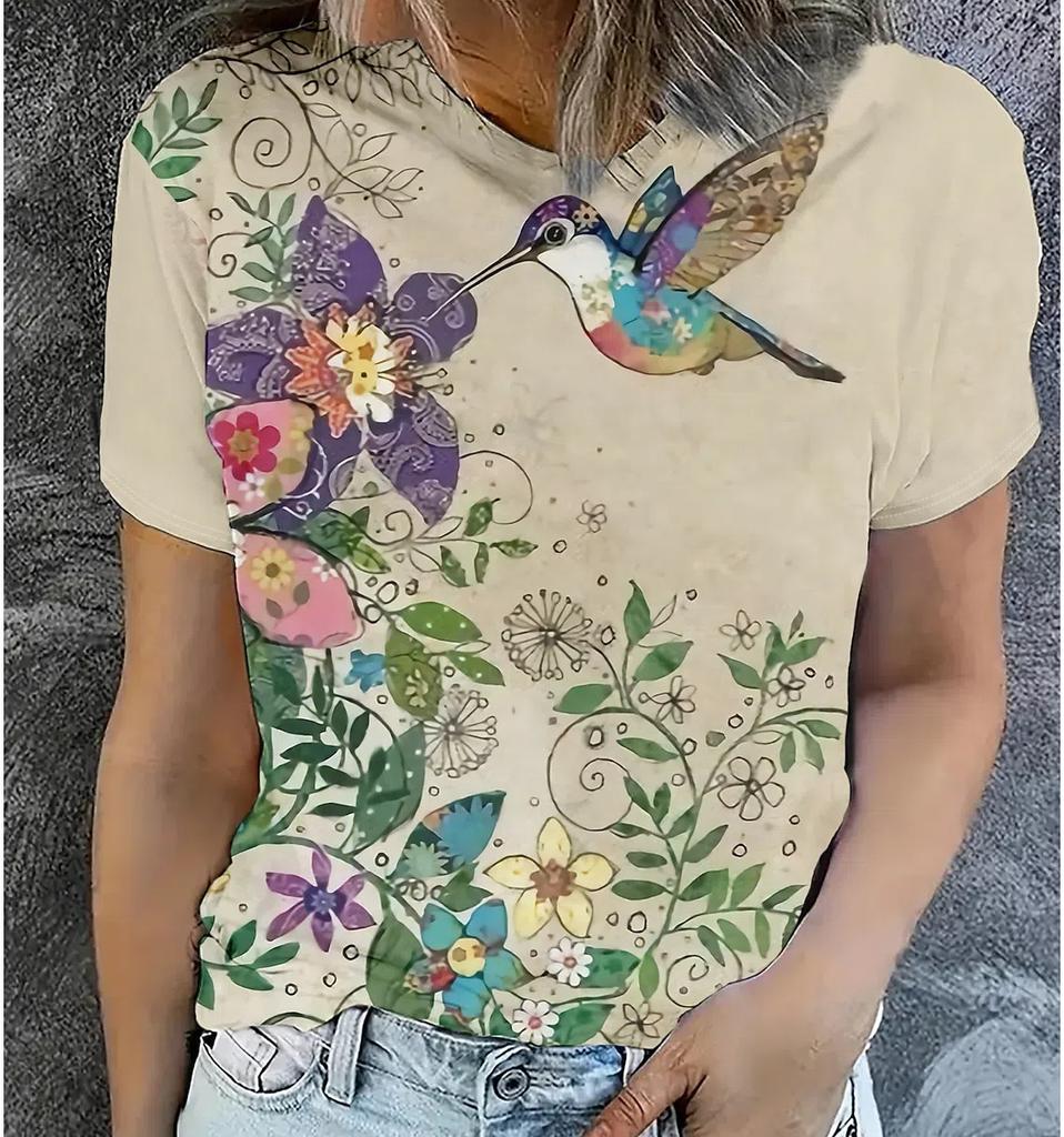 XXS-6XL Plus Size T-shirt for Women's Summer Fashion Beautiful Flowers Printed Casual Short Sleeved Crew Neck Tops Tees Clothing