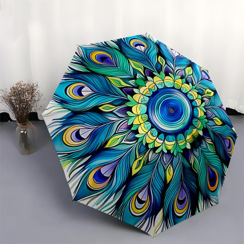1pc Peacock Feather Mandala Automatic Folding Umbrella - Portable 3-Fold Design, 8-Bone Iron Frame Outdoor Umbrella, Ideal Gift for Fans, Travelers, D