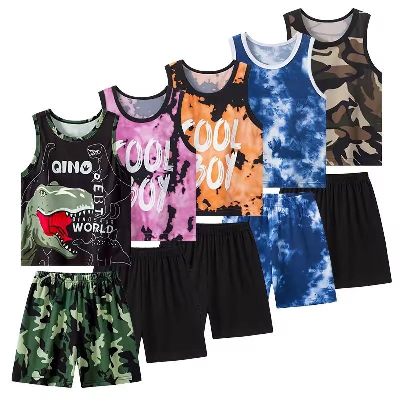 2 Pcs Summer Children's Camouflage Dinosaur Suit Boy Casual Fashion Handsome Vest Girl Comfortable Joker Shorts T-shirt Clothing