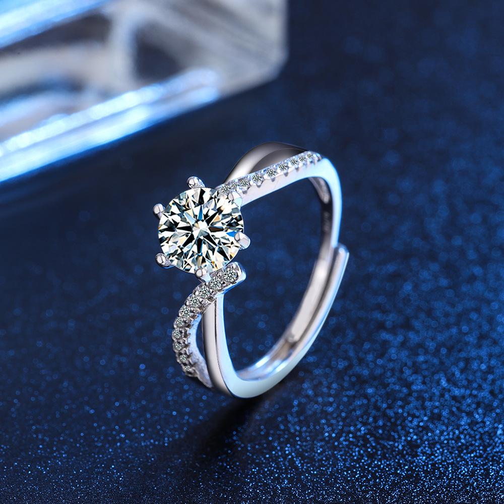 925 Sterling Silver Light Luxury Side by Side Small Diamond Ice and Snow Queen 1 Carat Six-Claw Zircon Ring Birthday Gift