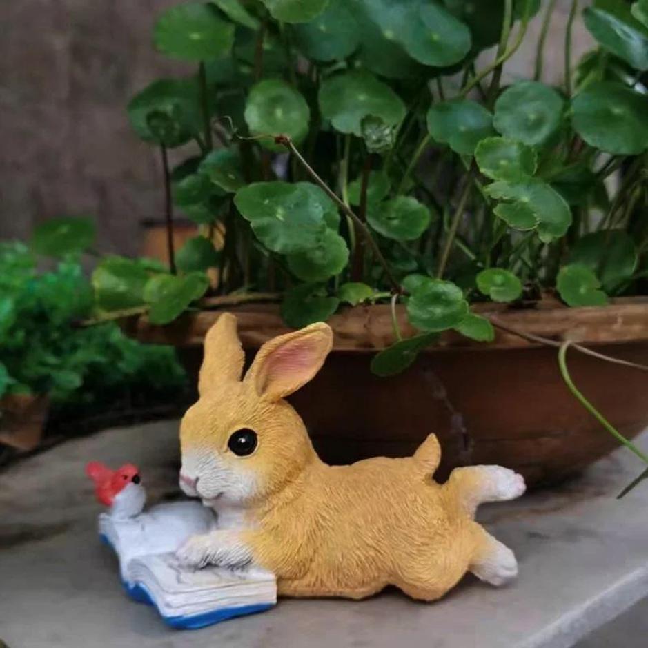 1 Pcs Rabbit Reading Animal Decoration Window Sill Bonsai Landscaping Resin Decoration Garden Courtyard Decoration