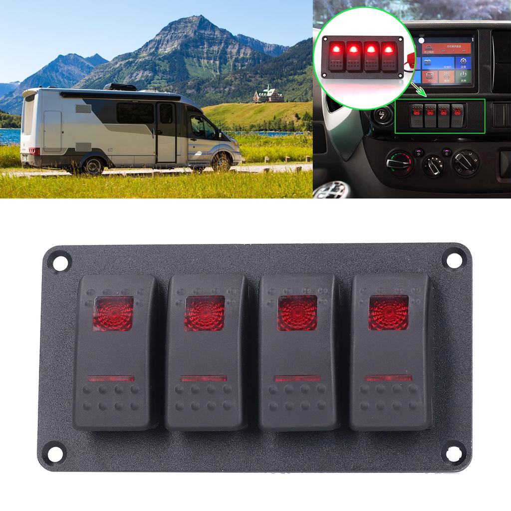 4 Gang Rocker Switch Panel LED Backlight 5‑Pin Overheat Protection for 12V/24V Vehicle Marine Yacht BoatRed Light
