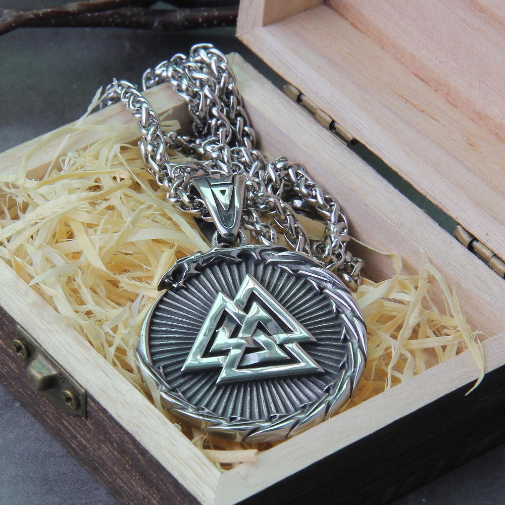 Stainless Steel Viking Ouroboros Dragon Pendant Necklace with Wooden Box Never Fade Mens Jewelry