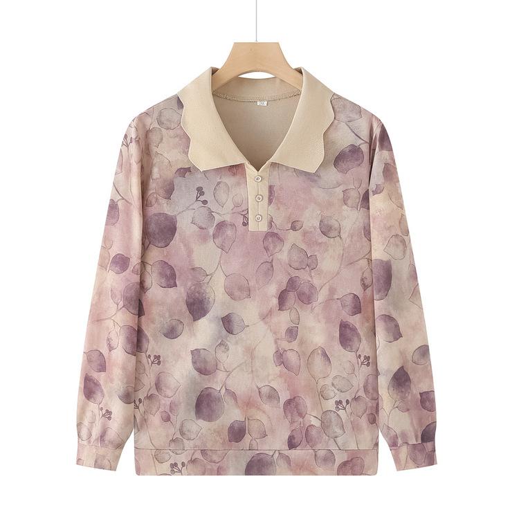 

Мамина весенне-осенняя трикотажная рубашка с длинным рукавом нового стиля для женщин среднего и пожилого возраста, топ с принтом и лацканами, модная базовая рубашка 5XL фиолетовый