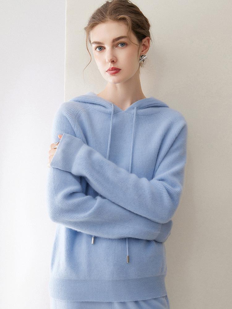 Women's Loose Knit Cashmere-Style Hooded Pullover Sweater, Solid Color, Base Layer for Autumn.