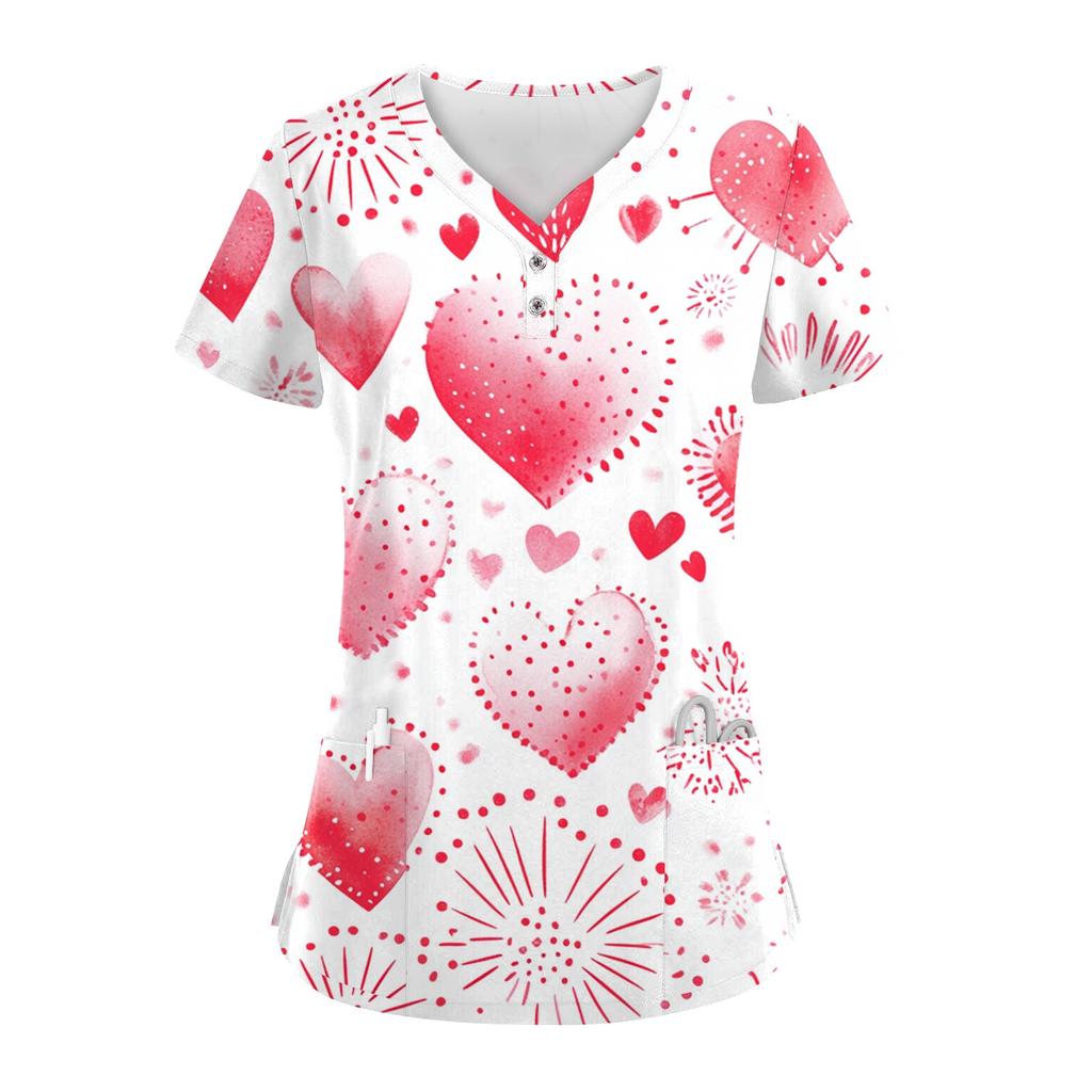 Women's Button V Neck Fashion Casual ChristmasValentine's Day Print Tops Dry-nurse Top,Scrubs Tops For Women,2 Pockets