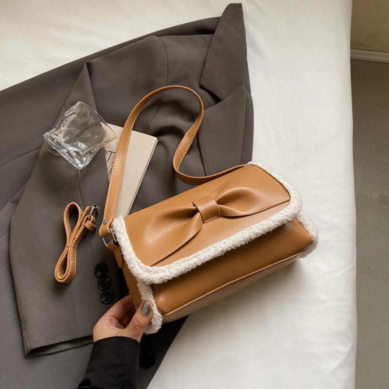 Vintage Burgundy Plush PU Splicing Crossbody Bag  Autumn/Winter Women's Flip Bow Shoulder Bags Commuter Versatile Handbag