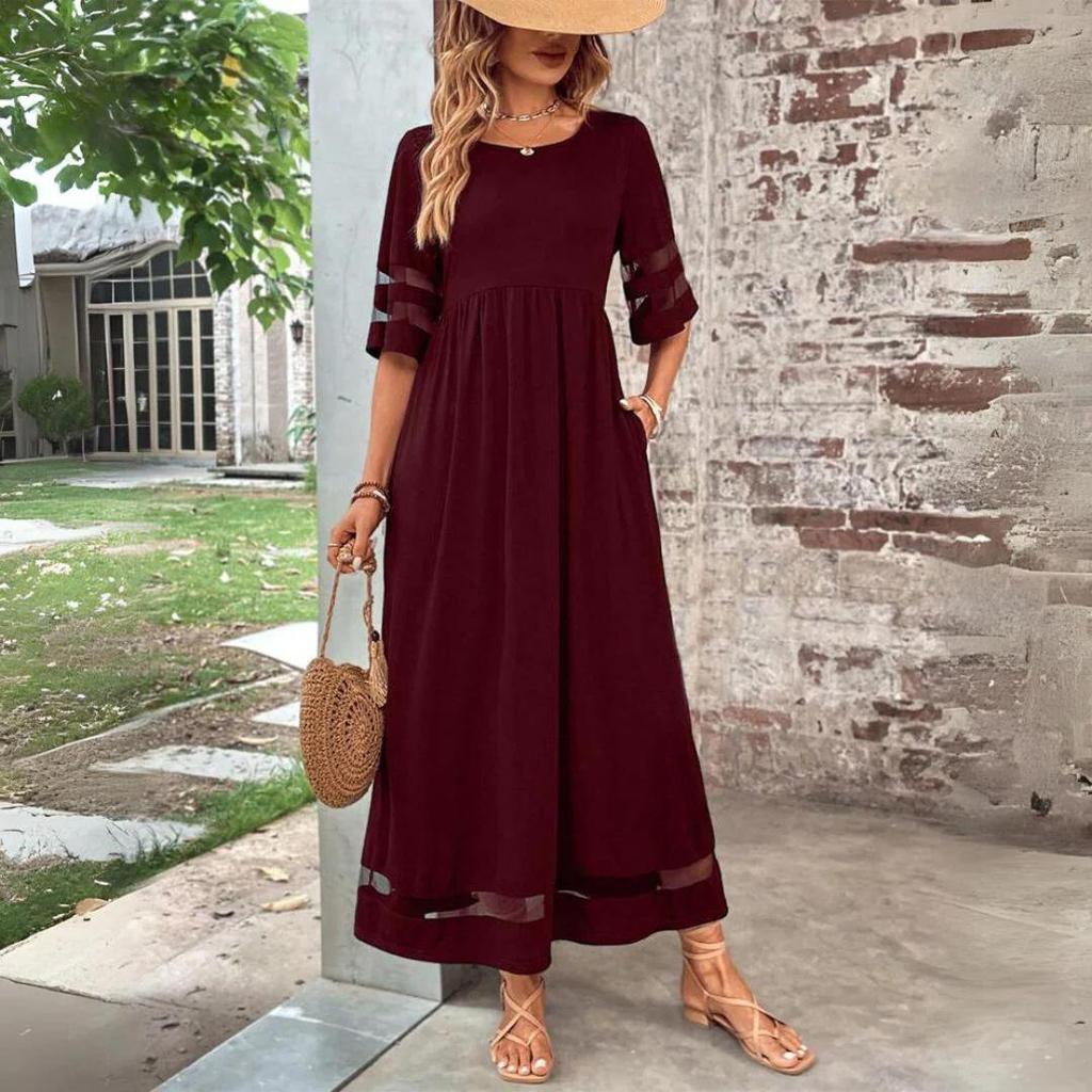 Plus Size Women's Mesh Sleeve Patchwork Pocket Dress