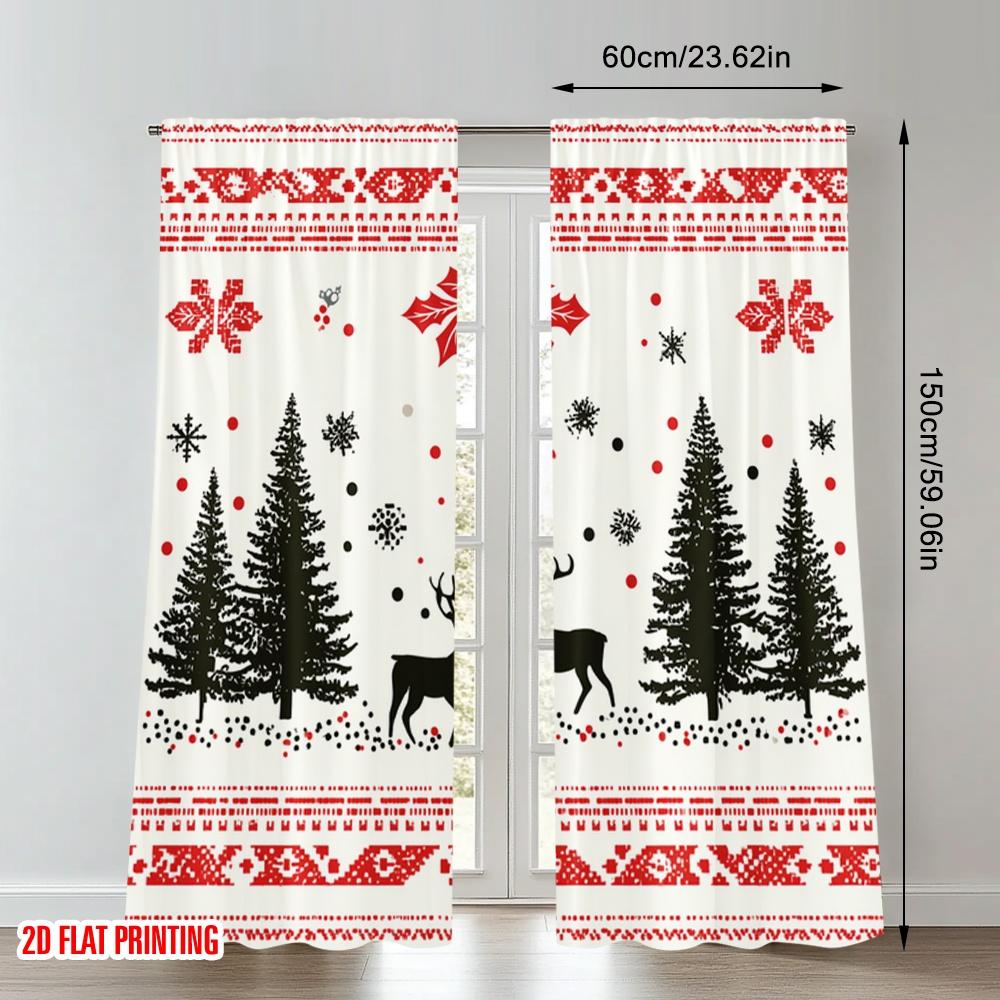 2pcs 2D flat printing Happy Christmas Scene Curtains Christmas Reindeer Snowflakes Trees_a Digital Printed Polyester Drapes