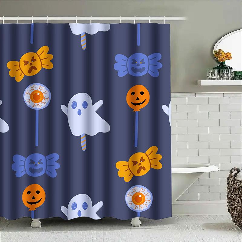 

1Pccute Halloween Baby Toddler Shower Curtain Spooky Ghosts Balloons Candy Pattern Dark Blue Kids Bathroom Decor W60H190(CM)-1 Pcs