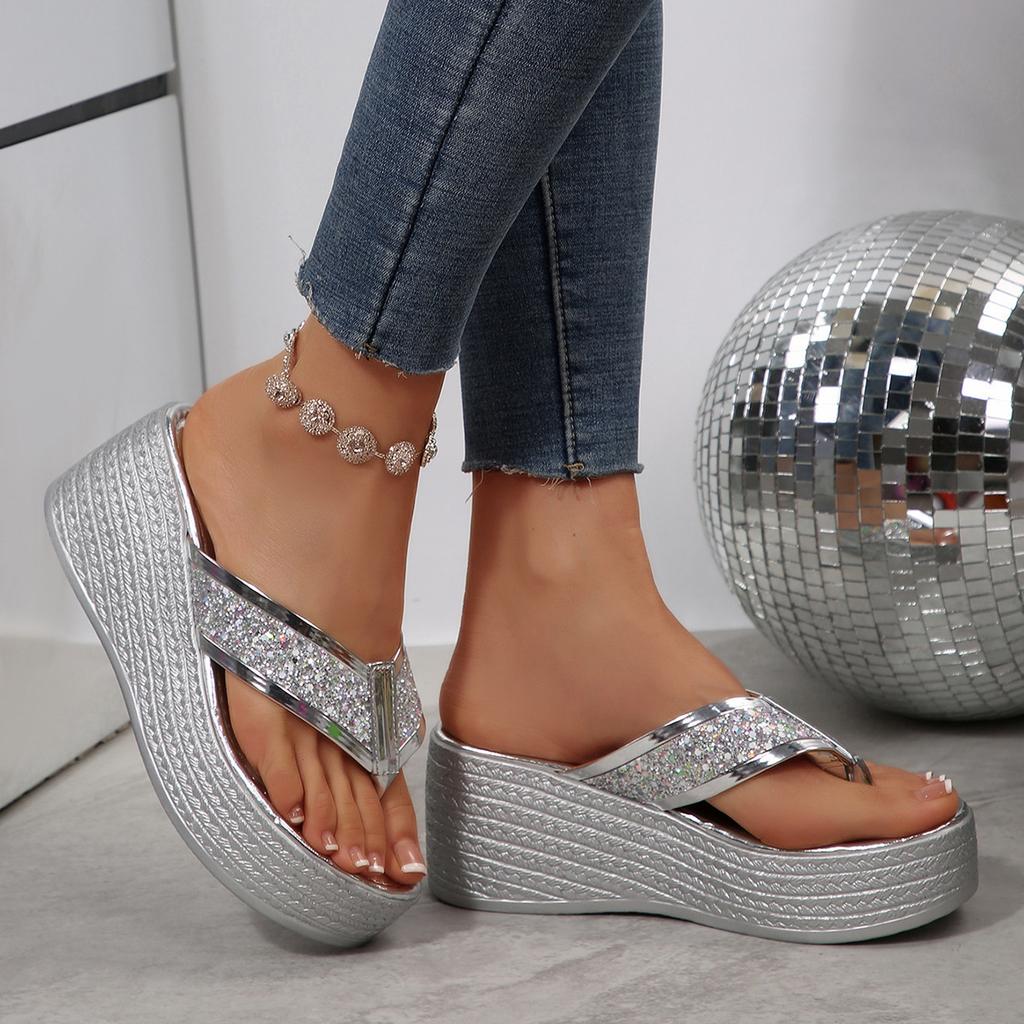 35-43 Plus Size Shoes for Women 2026 Summer Fashion Platform Wedge Comfortable Round Toe Sequin Sandals Women Slippers