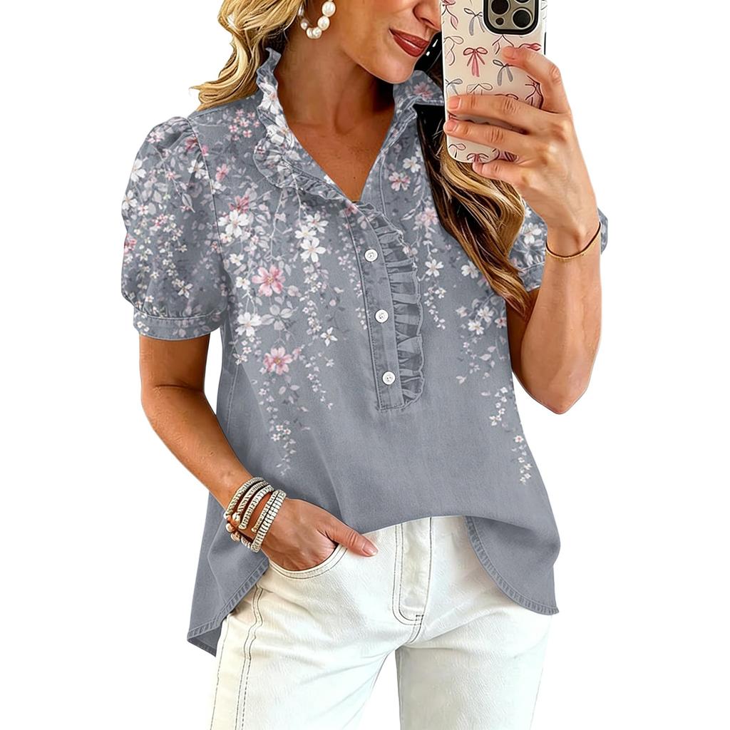 Women Ruffle V Neck Printed Blouse Short Sleeve Casual Loose Fit Top Button Down Lightweight Shirt