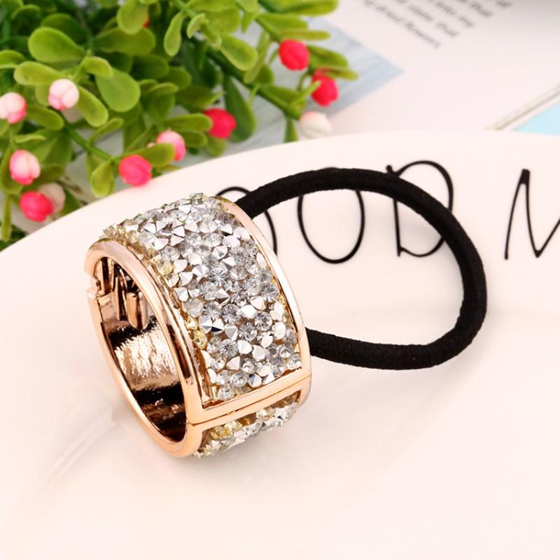 2PCS Retro Crystal Metal Alloy Opening Elastic Hair Rope Buckle Punk Style Women Ponytail Holder Round Hair Ring Girls Headdress