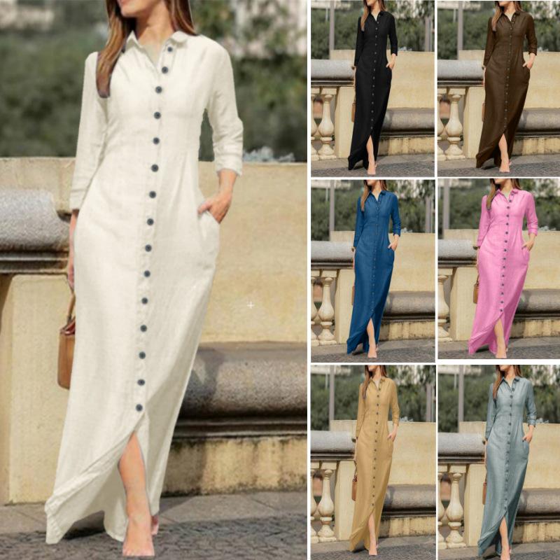 Elegant Women's Long Sleeve Cotton Linen Cardigan Dress - 2023 European/American Neutral Style with Turn-Down Collar