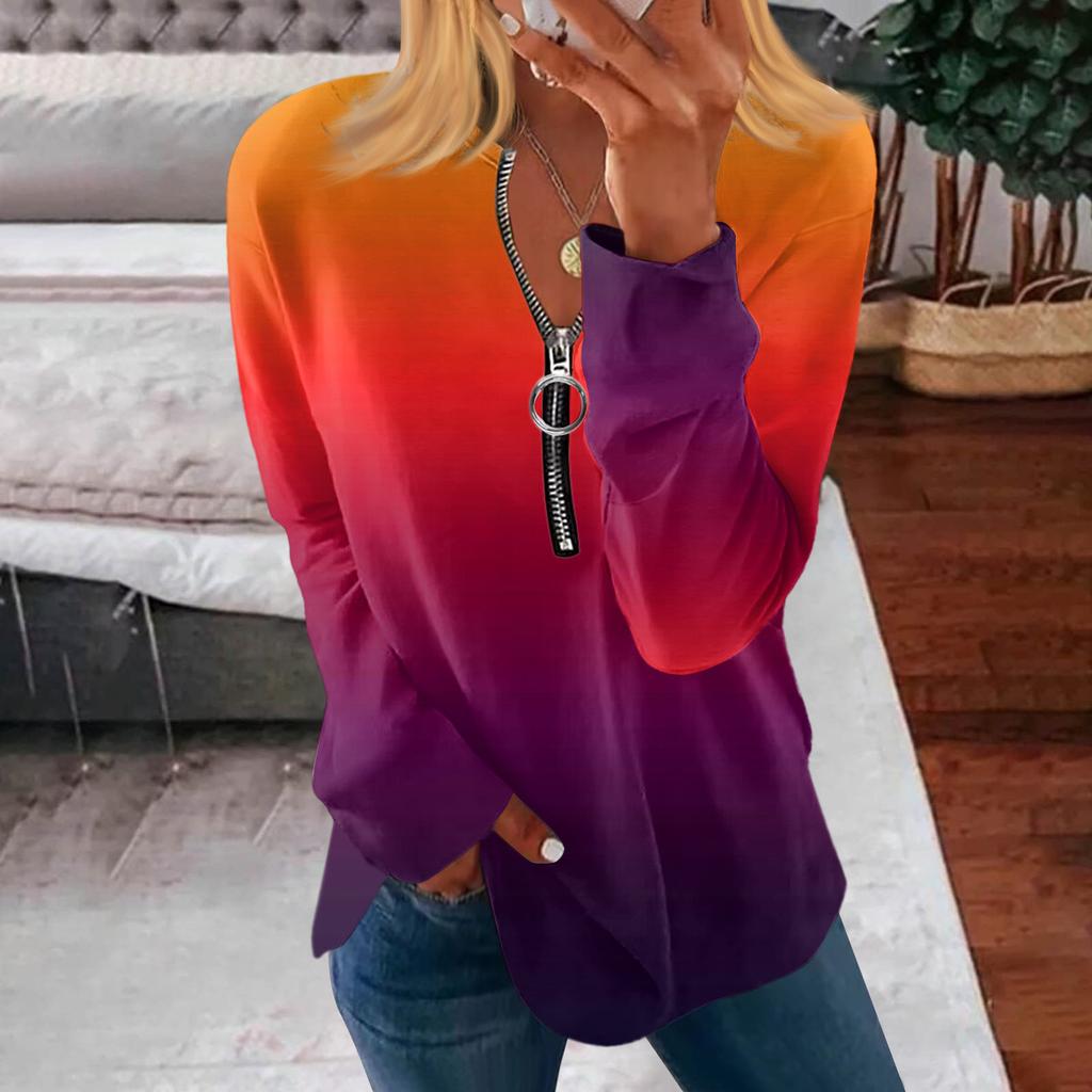 Women's Zipper Round Neck Tops Cotton Blouses Casual Fashion Shirt Tops Women's Casual Long Sleeve Tops