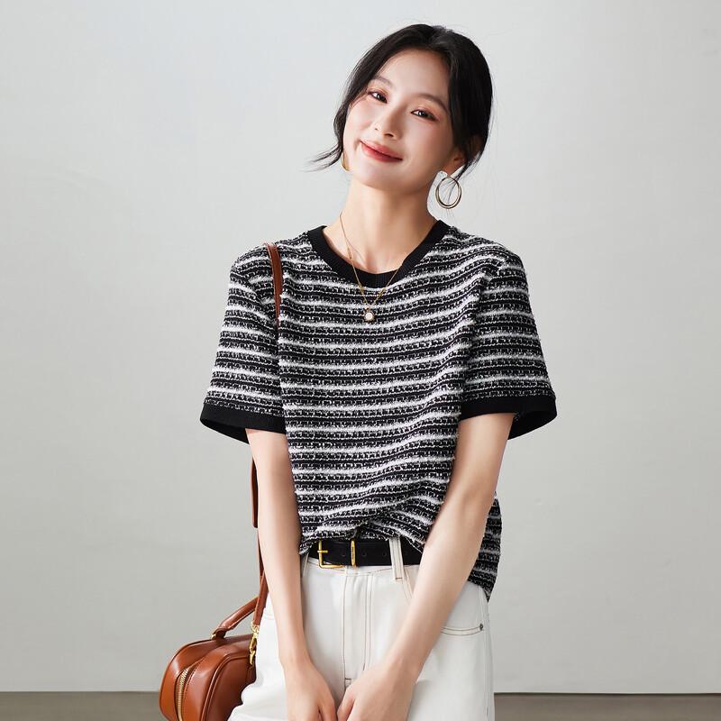 SOFSIL Women s Retro Striped Tweed Short Sleeve T-shirt XL