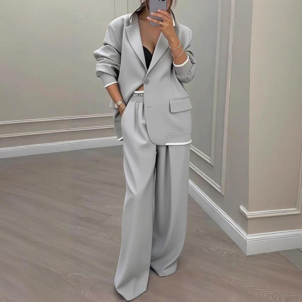 Women's Oversized Blazer Suit Set, Two Piece Wide Leg Pant Suit with White Trim