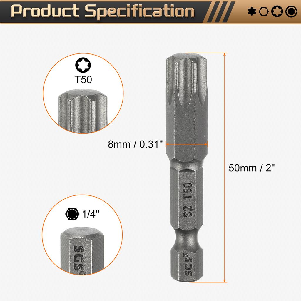 Torx Head Screwdriver Bit T5-T50 1/4" Hex Shank 50mm Magnetic No Hole Tip Tamper Proof 6 Point Star S2 Screw Driver Drill Bits