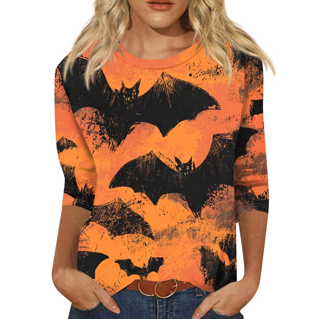 Modieuze casual damestop met driekwartmouwen en Halloweenprint, ronde hals.