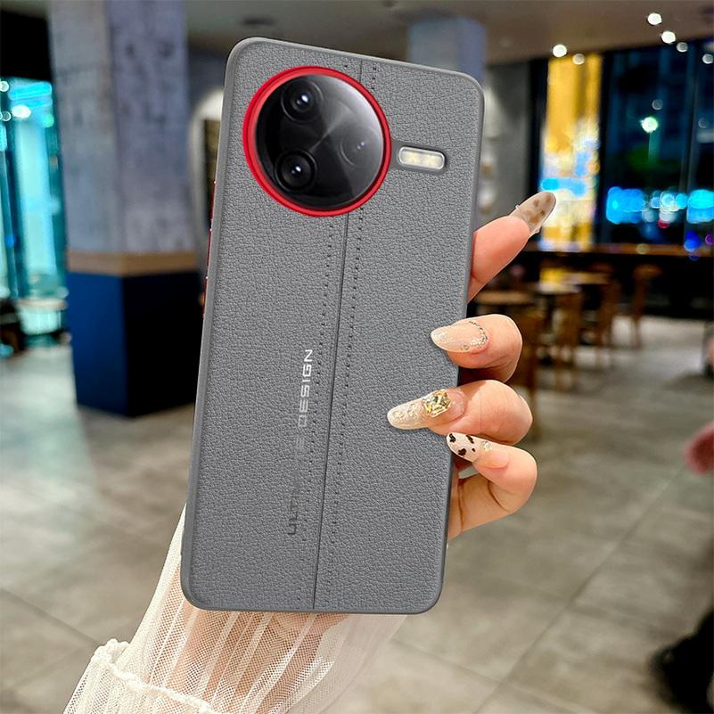 

Plain Leather Middle Stitching Style Red Heightened Lens Ring Case For Poco F7 Ultra POCO F7 Pro Slim Protect Cover Poco F7 Ultra