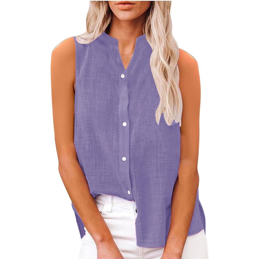 Damenmode Einfarbig Lässig Ärmellos Strickjacke Knopf Locker Baumwolle Leinen Hemd Top
