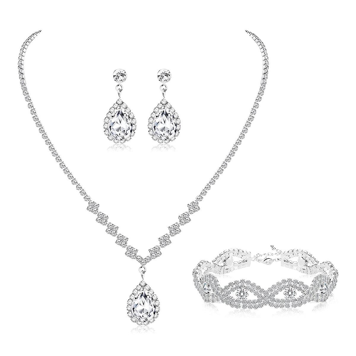 

Простой стиль, комплект свадебных украшений с бриллиантами, свадебные металлические посеребренные серьги темперамента, колье, браслет, комплект из трех частей серебряный