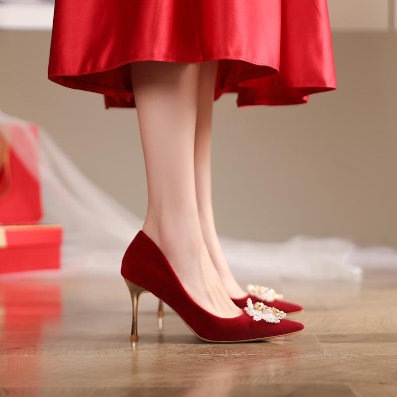 Fashion Fashion New Flocked High Heels Pointed Toe High Heels Women's Red Bridal Shoes